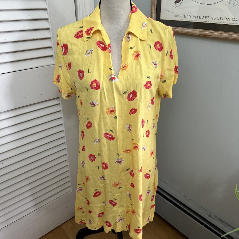 Vintage Ballinger Gold Dress Medium Yellow Floral Mini Shift Retro 90s Soft Girl